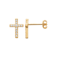 Load image into Gallery viewer, Mystigrey Cross .925 Sterling Silver Plated Rhodium and 18K Gold Plated Earrings with Cubic Zirconia