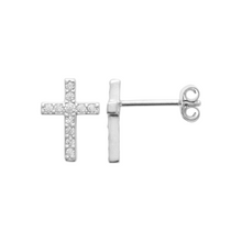 Load image into Gallery viewer, Mystigrey Cross .925 Sterling Silver Plated Rhodium and 18K Gold Plated Earrings with Cubic Zirconia
