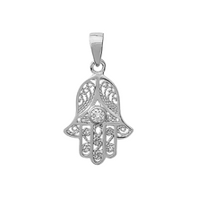Load image into Gallery viewer, Mystigrey Hamsa .925 Sterling Silver Pendant and 18K Gold Plated for Women and Men with Cubic Zirconia, Blue, Red