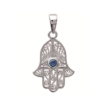 Load image into Gallery viewer, Mystigrey Hamsa .925 Sterling Silver Pendant and 18K Gold Plated for Women and Men with Cubic Zirconia, Blue, Red