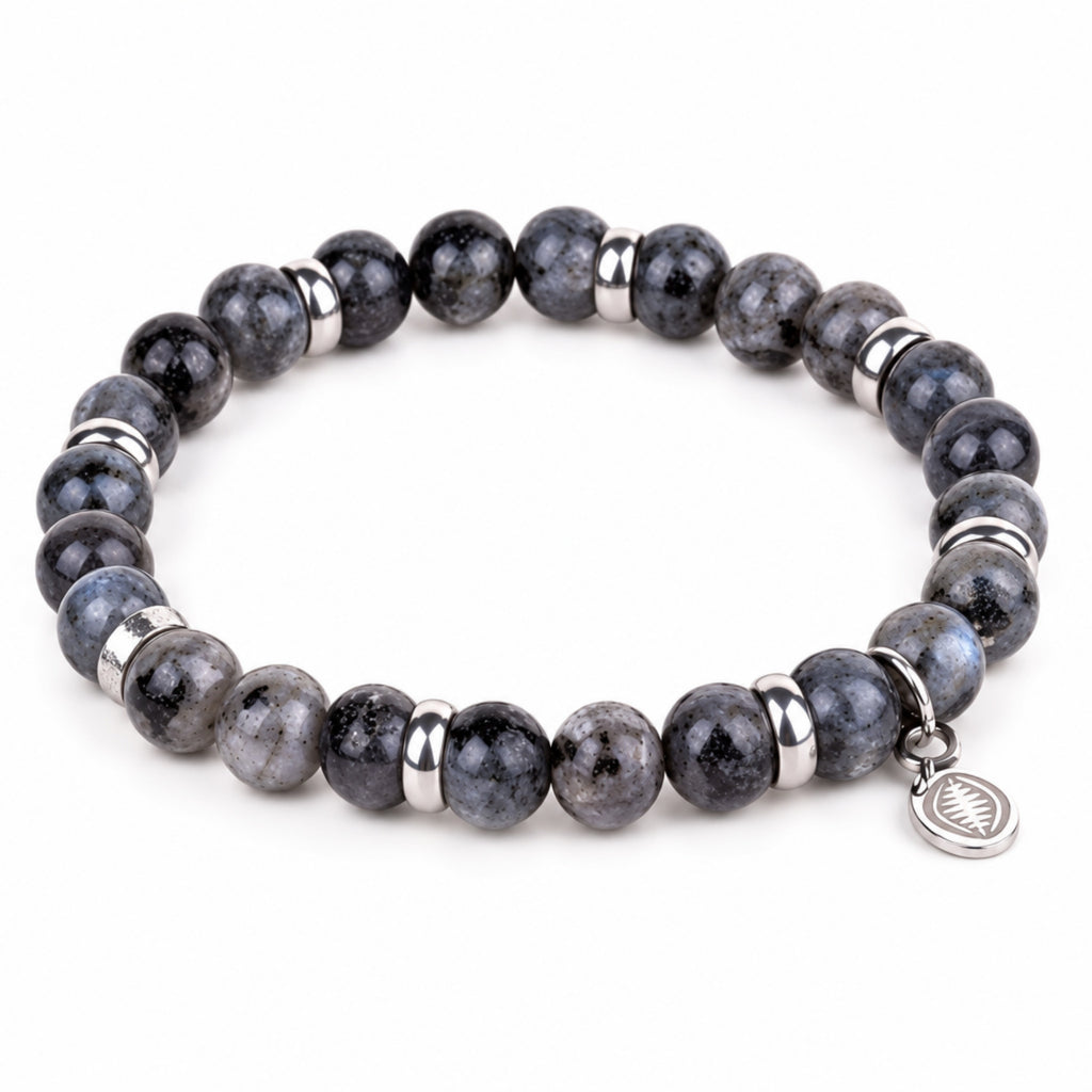 Men's Rio Grey Labradorite Bead Bracelet, Large in Stainless Steel