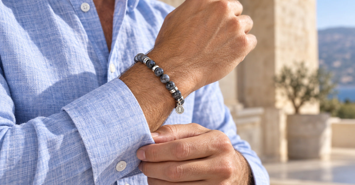 Men's Rio Grey Labradorite Bead Bracelet, Large in Stainless Steel, view 2