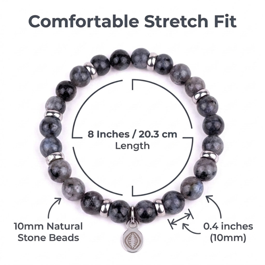 Men's Rio Grey Labradorite Bead Bracelet, Large in Stainless Steel, view 3