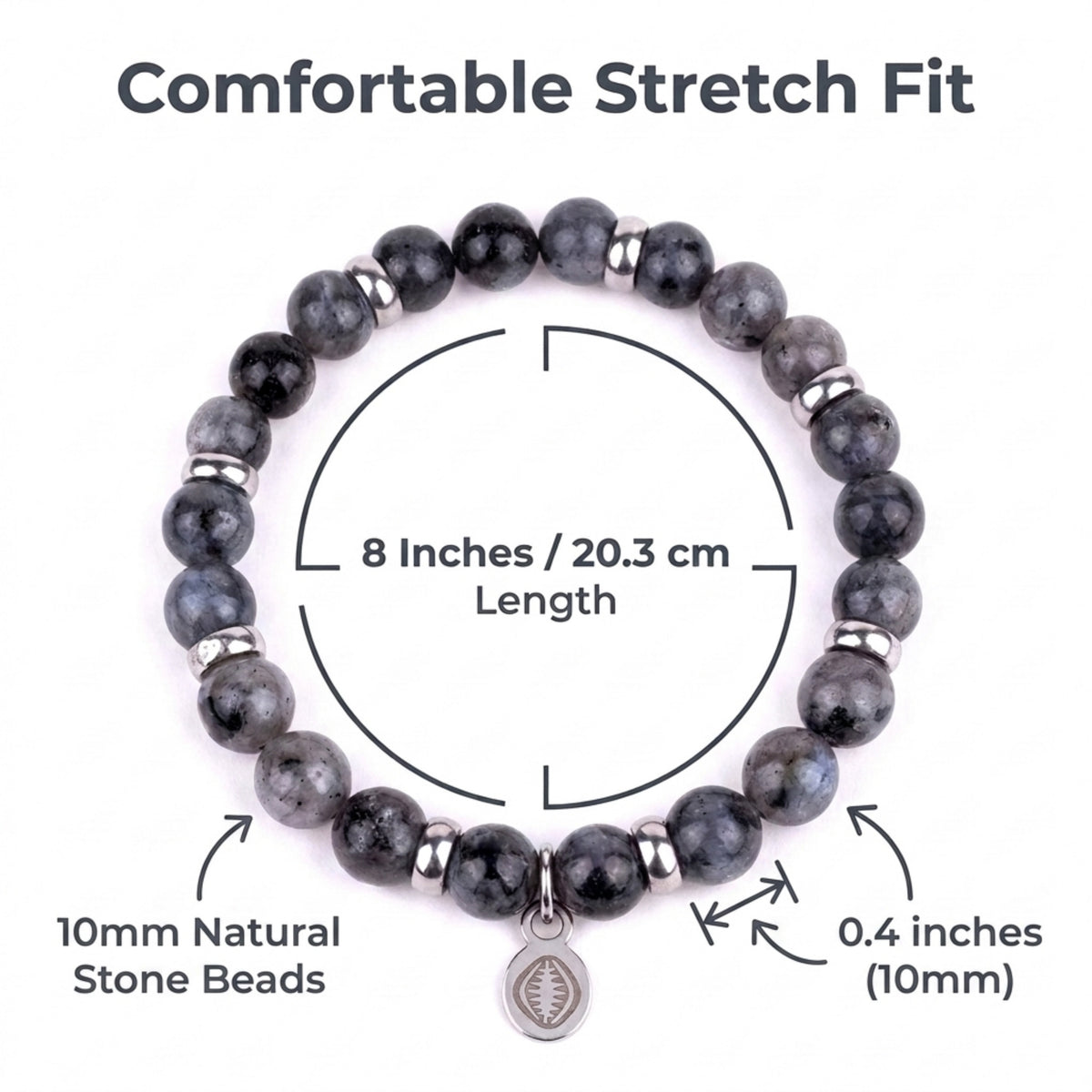 Men's Rio Grey Labradorite Bead Bracelet, Large in Stainless Steel, view 3