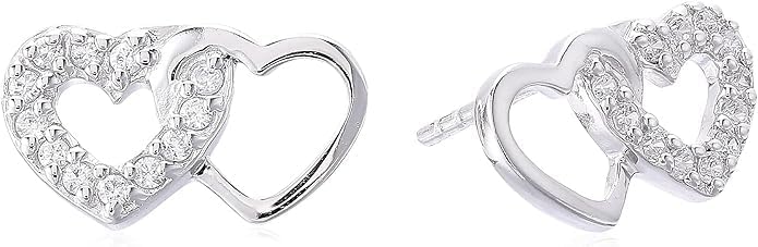 Hearts Stud Earrings women with Cubic Zirconia Available in .925 Sterling Silver Plated Rhodium and in 18K Gold Plated I Dainty Cubic Zirconia Layered Earring for women