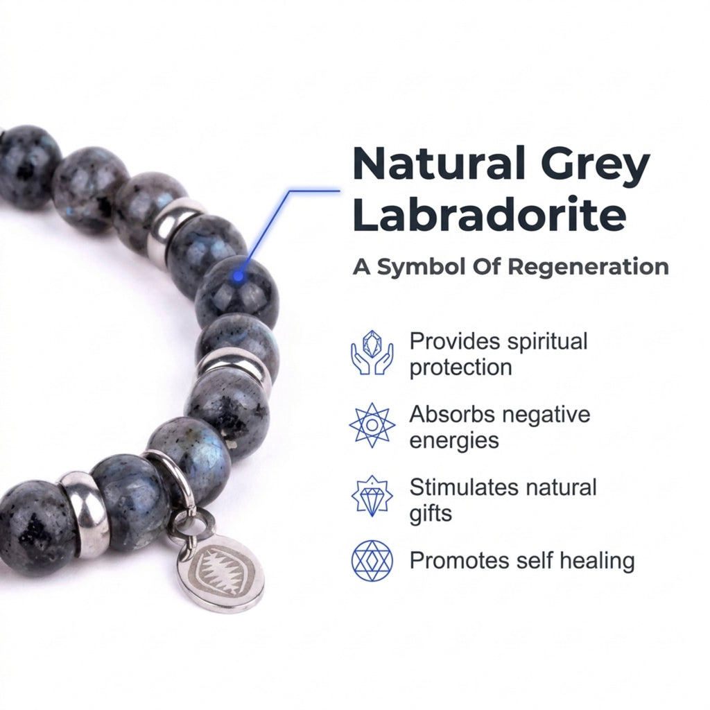 Men's Rio Grey Labradorite Bead Bracelet, Large in Stainless Steel, view 4