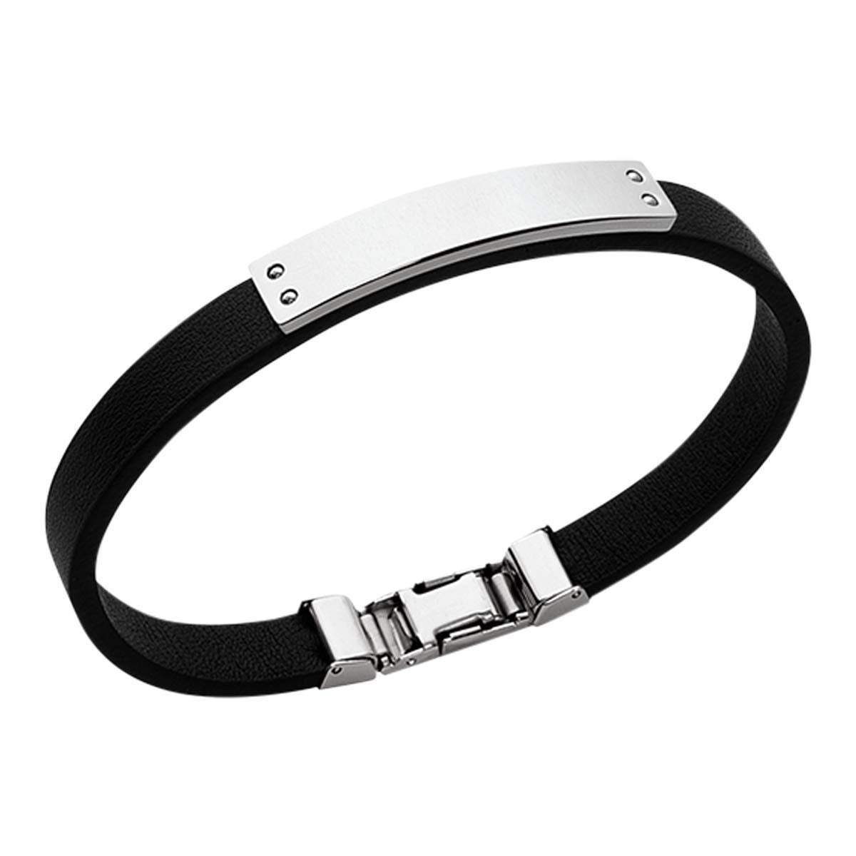 Mystigrey Livio Stainless Steel Single Wrap Black Leather Bracelet for Men