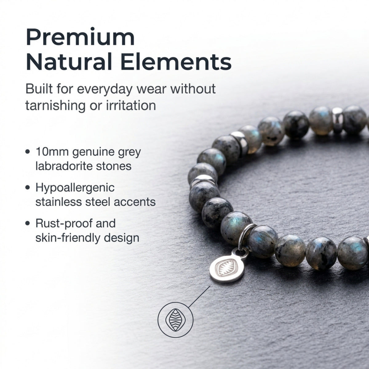 Men's Rio Grey Labradorite Bead Bracelet, Large in Stainless Steel, view 5