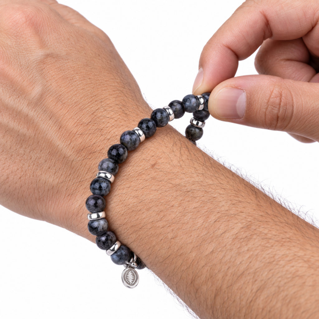 Men's Rio Grey Labradorite Bead Bracelet, Large in Stainless Steel, view 6