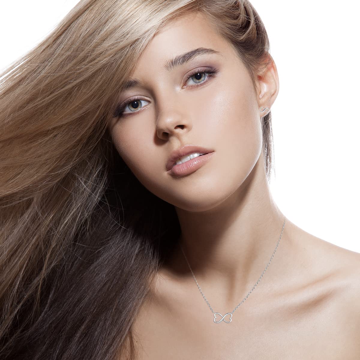 Infinity Hearts Necklace in 925 Sterling Silver Plated Rhodium, view 3