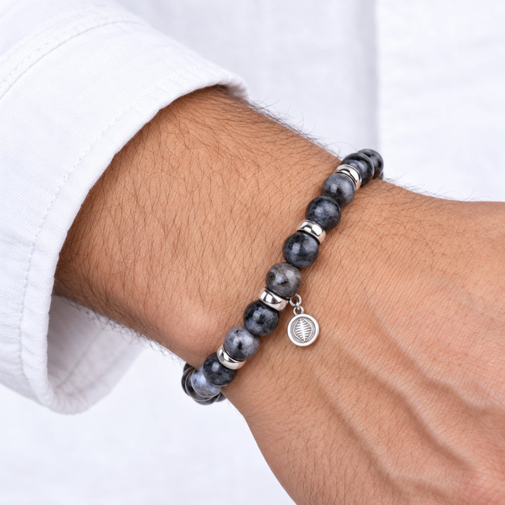 Men's Rio Grey Labradorite Bead Bracelet, Large in Stainless Steel, view 8
