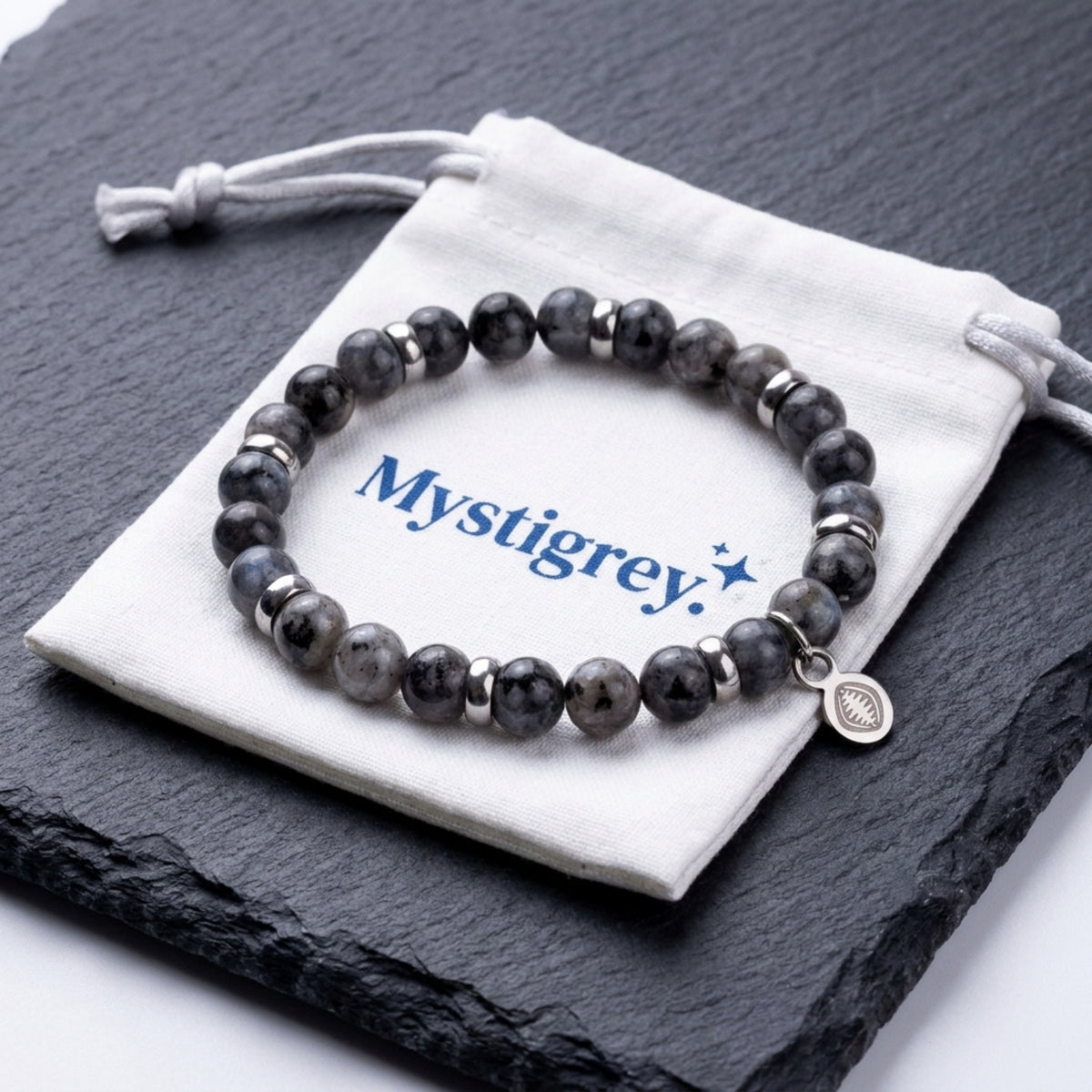 Men's Rio Grey Labradorite Bead Bracelet, Large in Stainless Steel, view 9