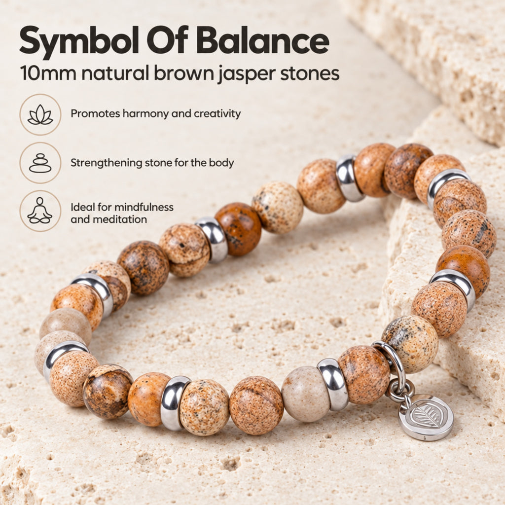 Rio Brown Jasper Bead Bracelet, Large in Stainless Steel, view 2