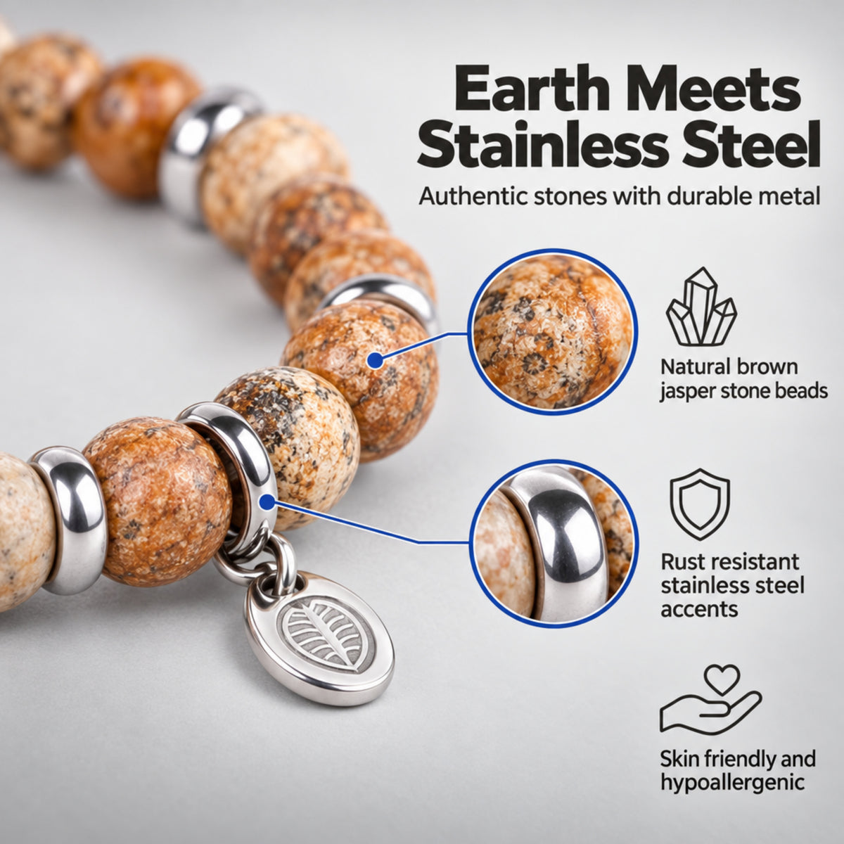 Rio Brown Jasper Bead Bracelet, Large in Stainless Steel, view 5
