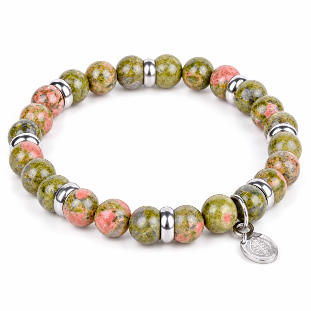 Rio Khaki Green Unakite Bead Bracelet, Large in Stainless Steel