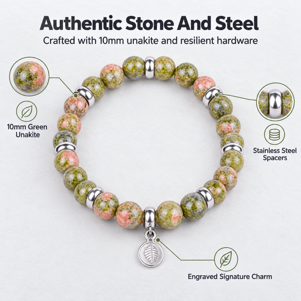 Rio Khaki Green Unakite Bead Bracelet, Large in Stainless Steel, view 2