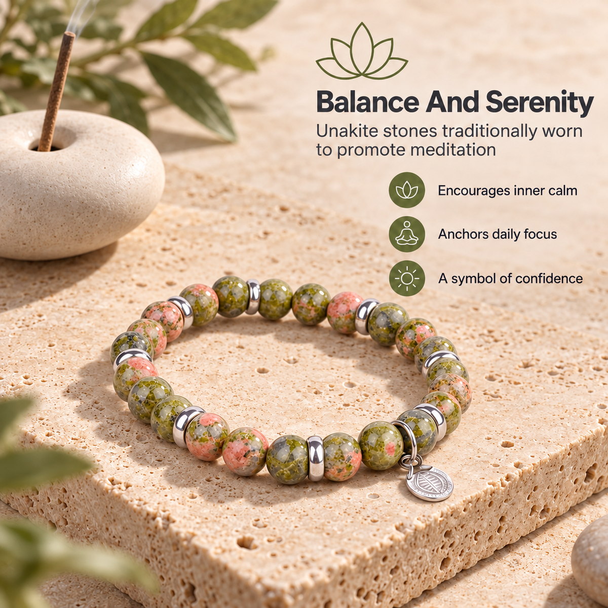 Rio Khaki Green Unakite Bead Bracelet, Large in Stainless Steel, view 4