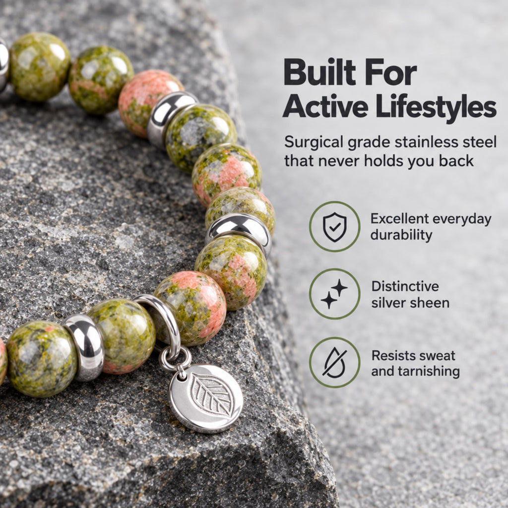 Rio Khaki Green Unakite Bead Bracelet, Large in Stainless Steel, view 5