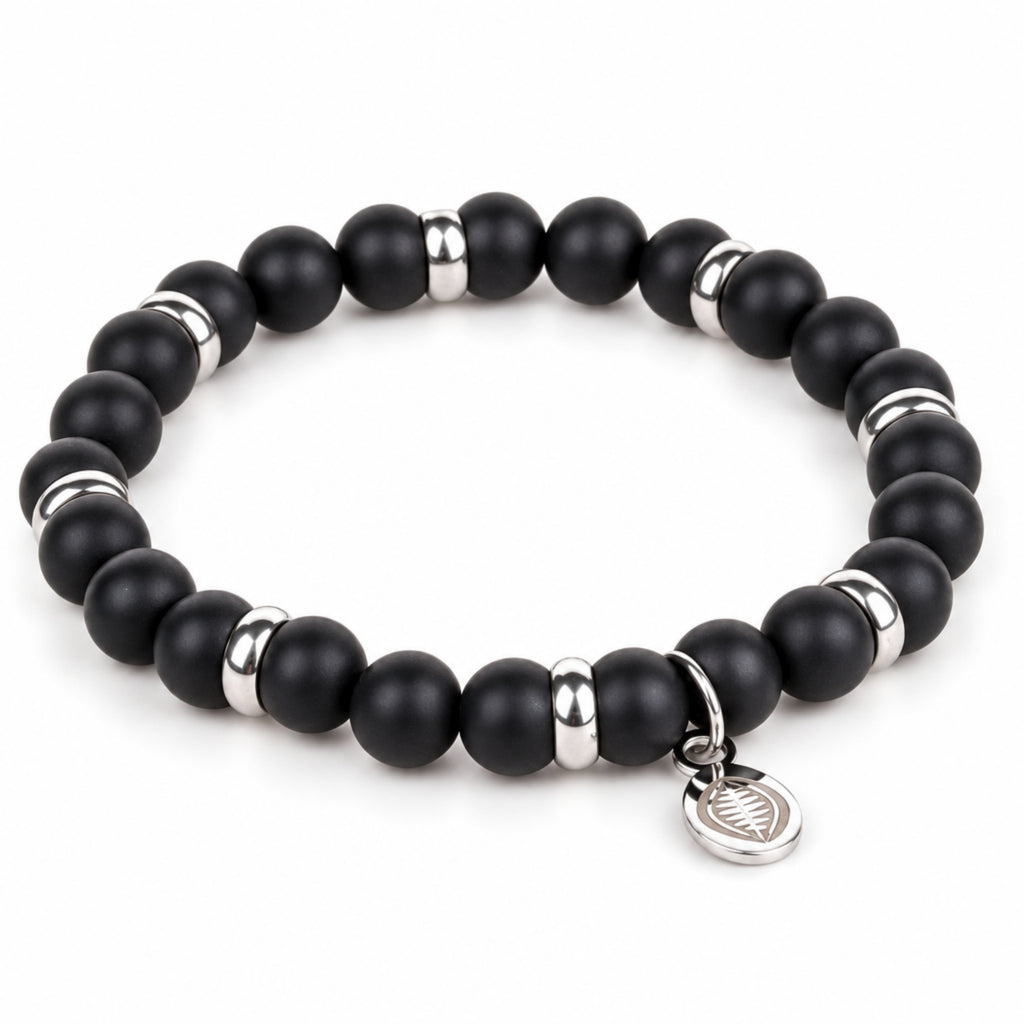 Rio Black Agate Bead Bracelet, Large in Stainless Steel