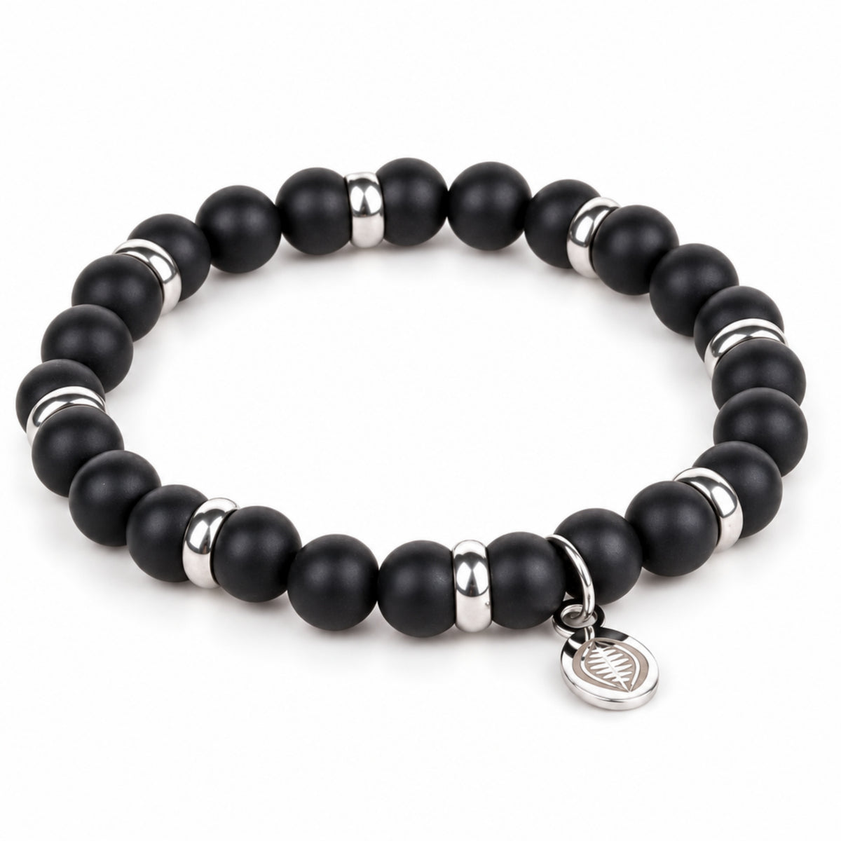 Rio Black Agate Bead Bracelet, Large in Stainless Steel