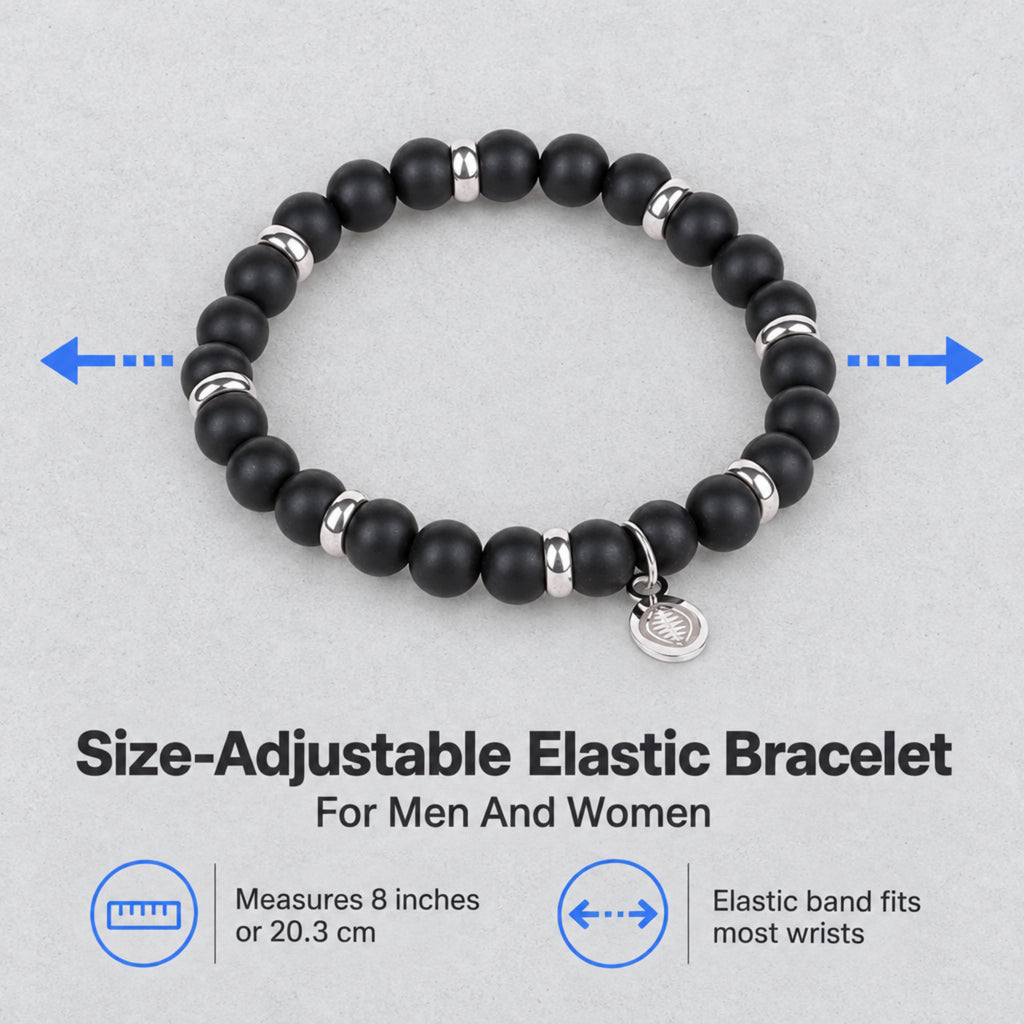 Rio Black Agate Bead Bracelet, Large in Stainless Steel, view 2