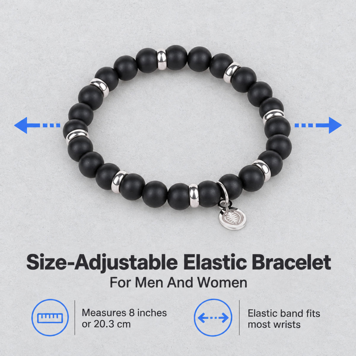 Rio Black Agate Bead Bracelet, Large in Stainless Steel, view 2