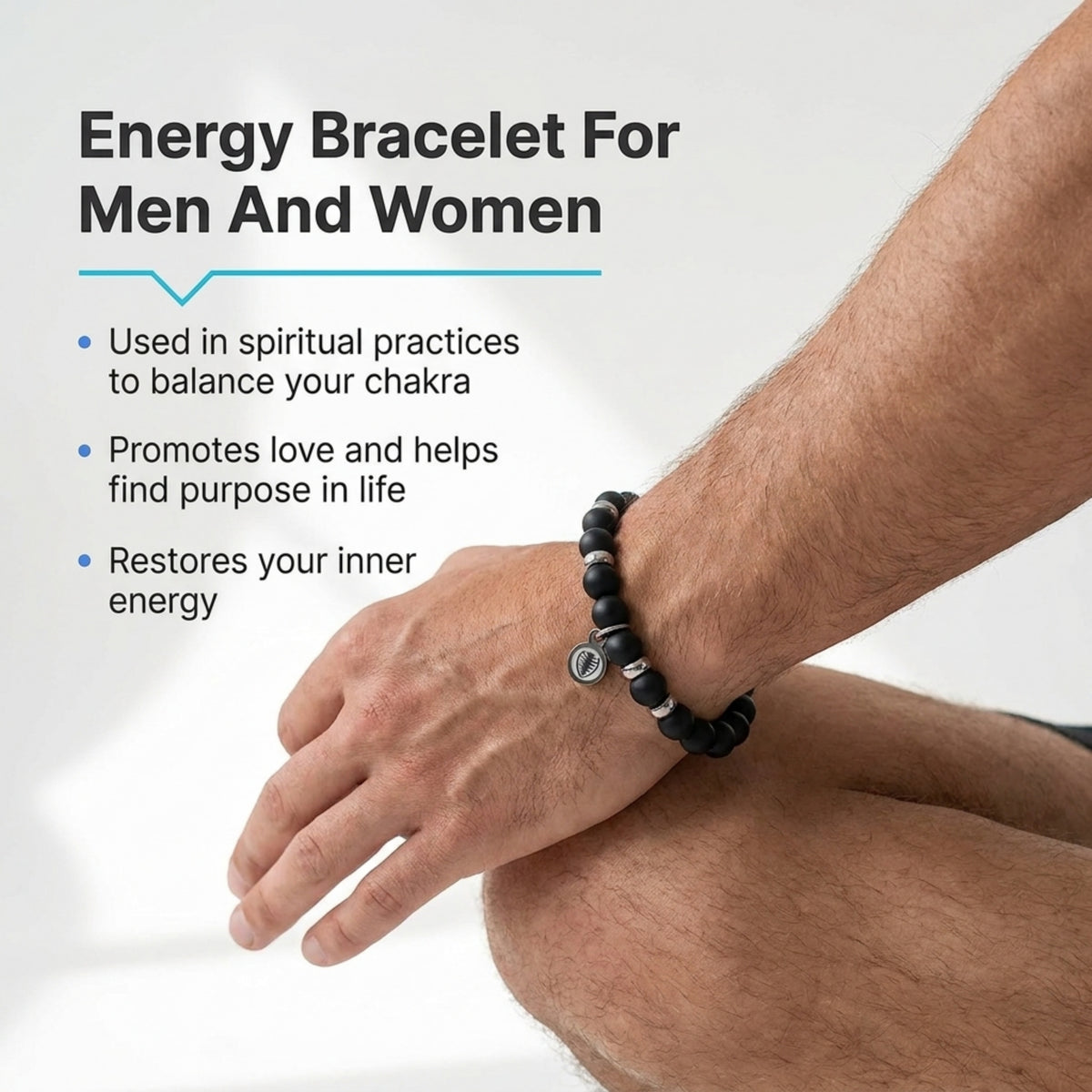 Rio Black Agate Bead Bracelet, Large in Stainless Steel, view 3