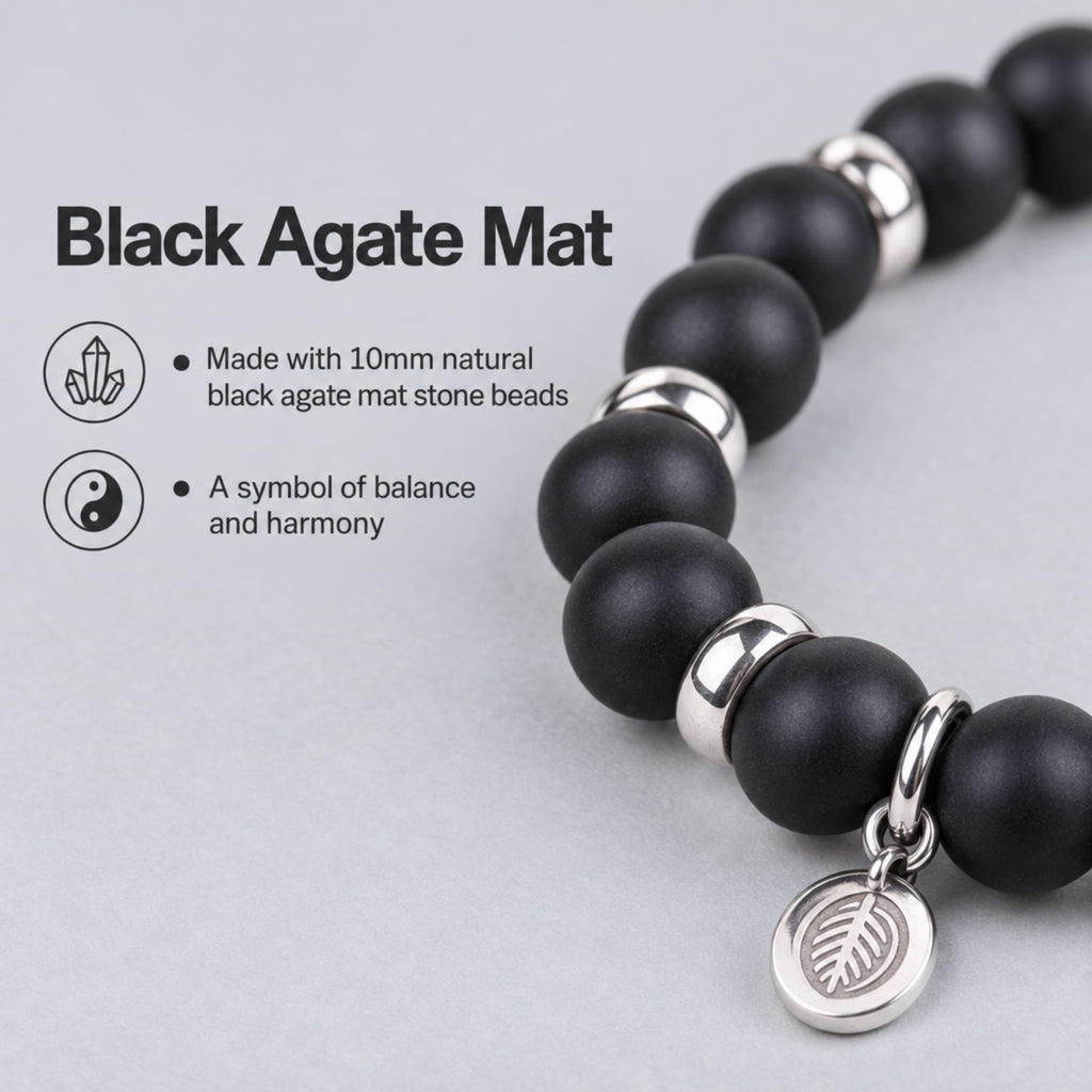 Rio Black Agate Bead Bracelet, Large in Stainless Steel, view 4