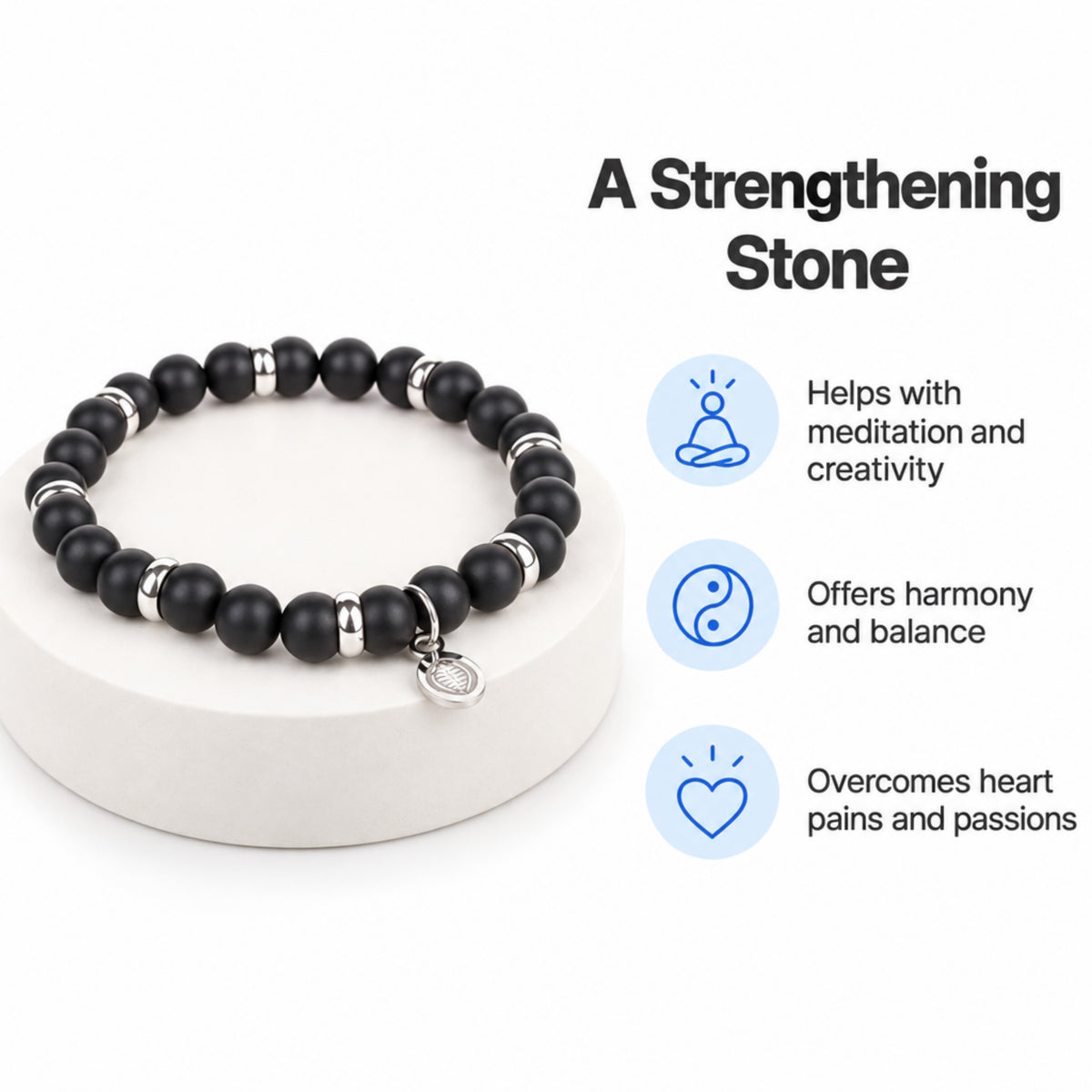 Rio Black Agate Bead Bracelet, Large in Stainless Steel, view 5