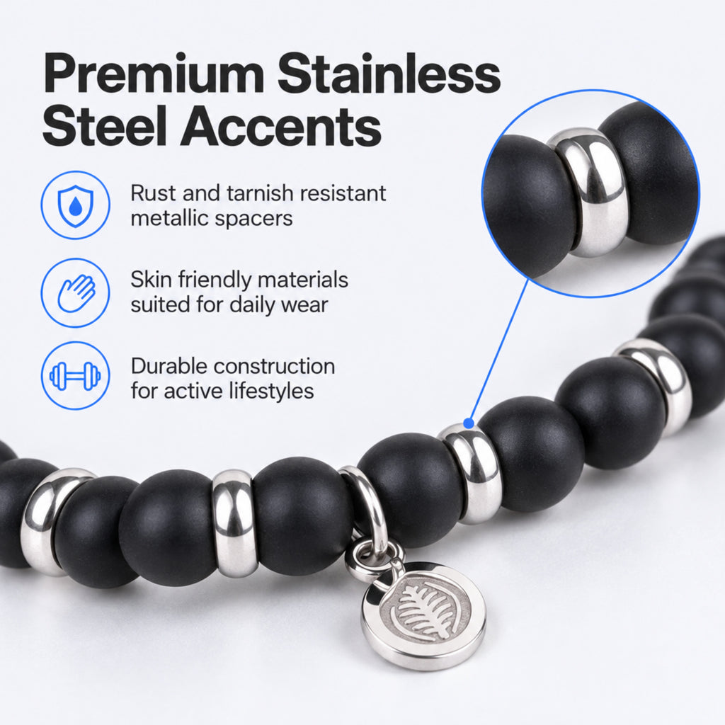 Rio Black Agate Bead Bracelet, Large in Stainless Steel, view 6
