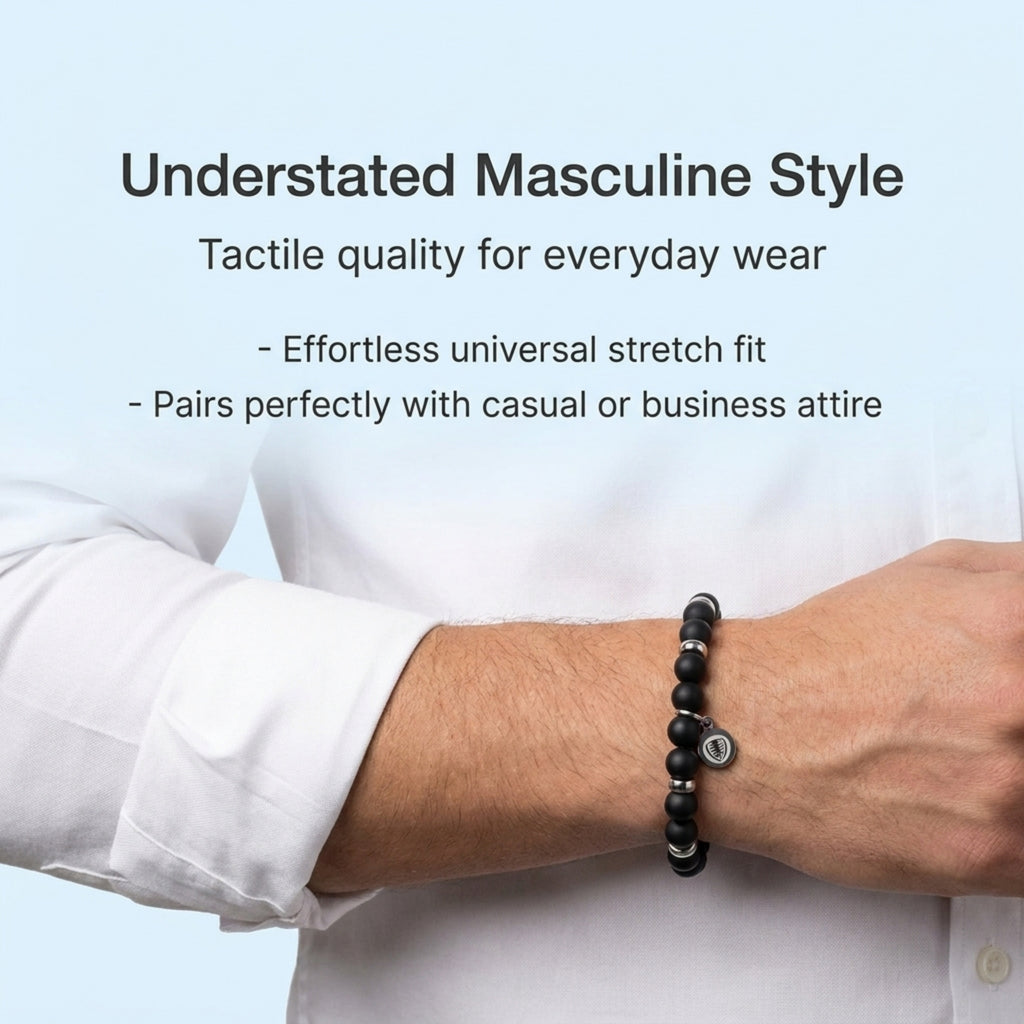 Rio Black Agate Bead Bracelet, Large in Stainless Steel, view 7