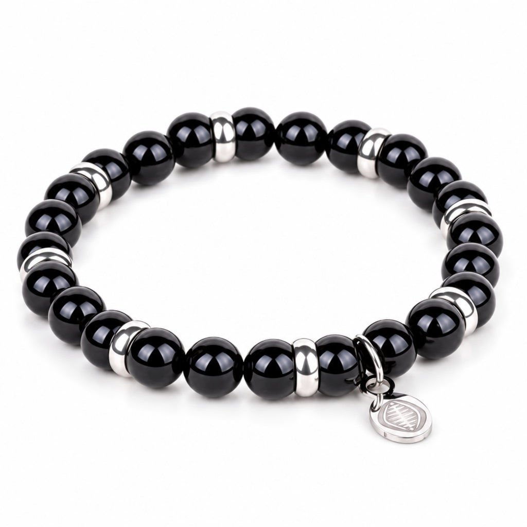 Men's Rio Black Agate Bead Bracelet, Large in Stainless Steel