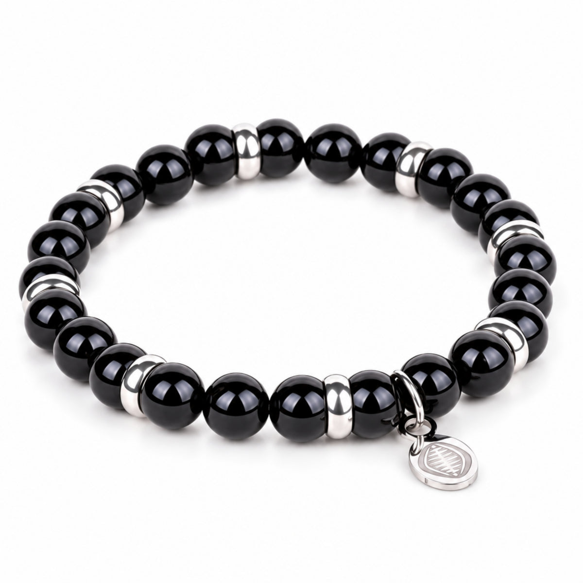 Men's Rio Black Agate Bead Bracelet, Large in Stainless Steel