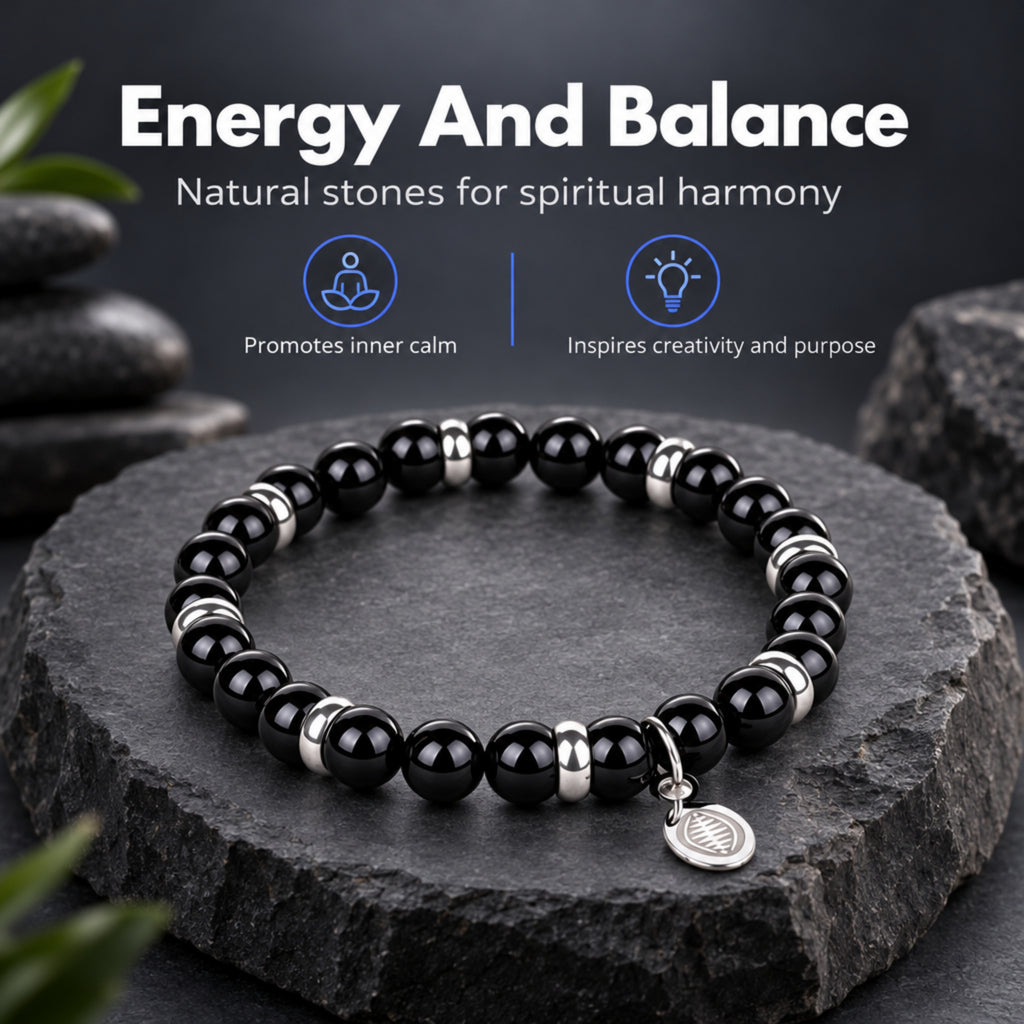 Men's Rio Black Agate Bead Bracelet, Large in Stainless Steel, view 2