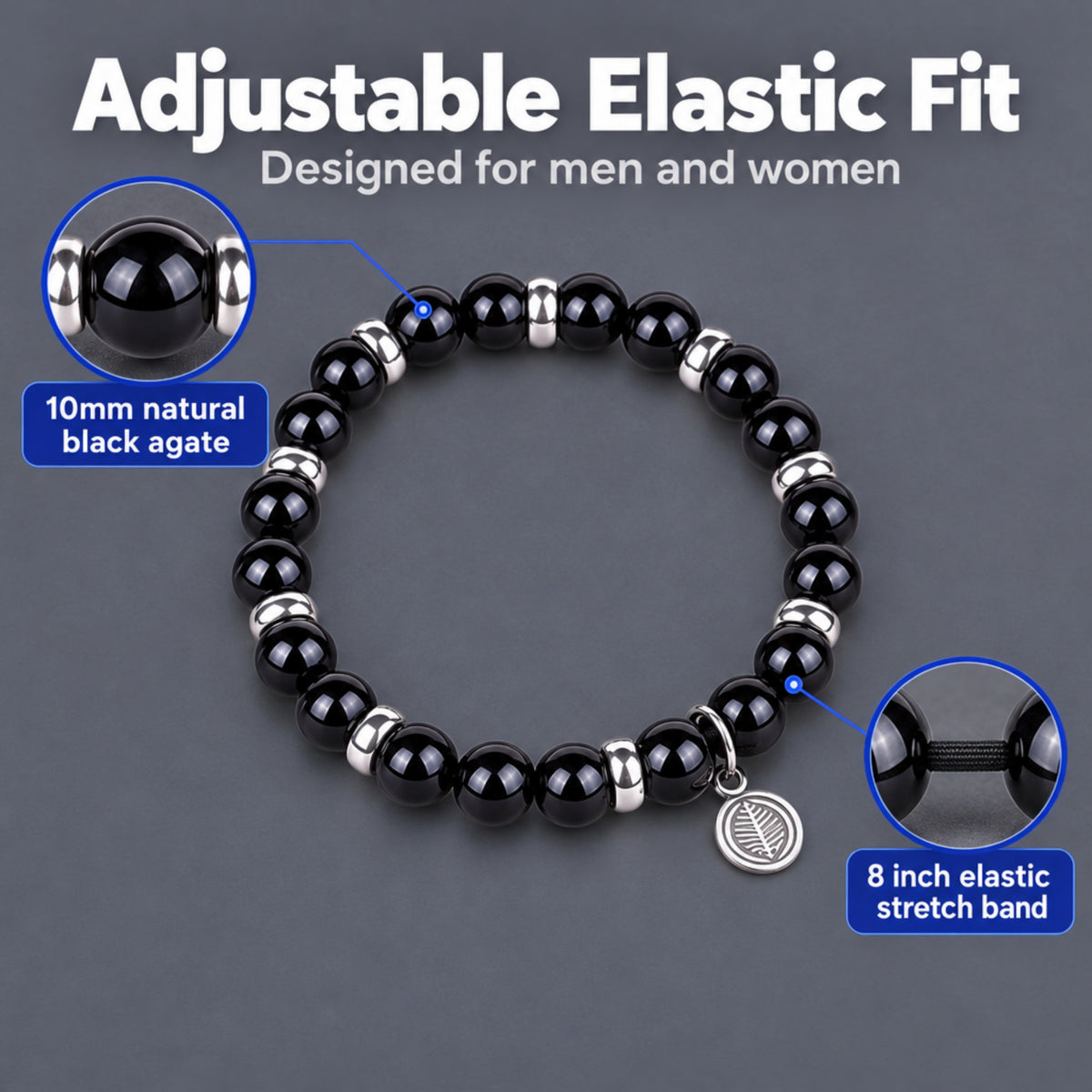 Men's Rio Black Agate Bead Bracelet, Large in Stainless Steel, view 3