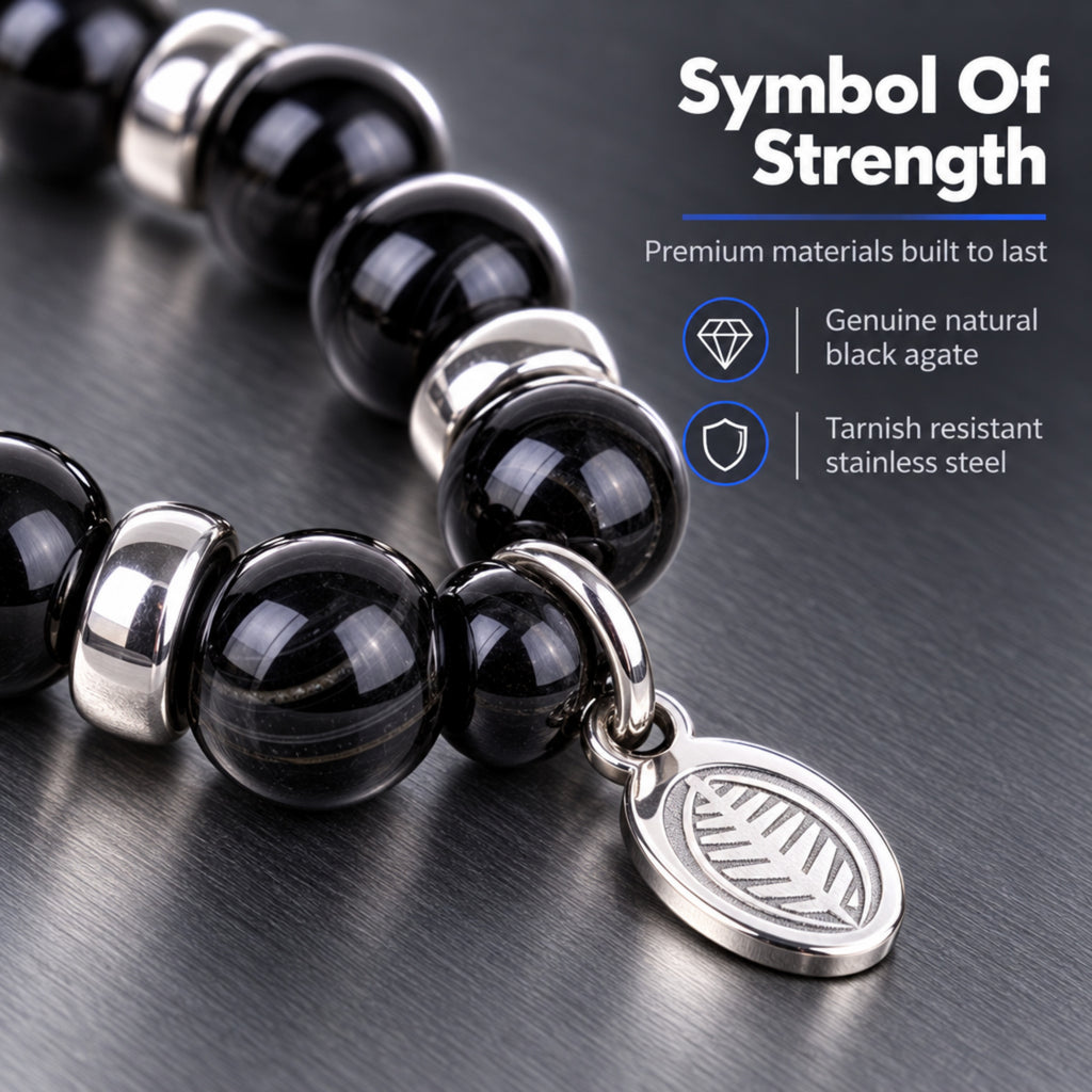 Men's Rio Black Agate Bead Bracelet, Large in Stainless Steel, view 5