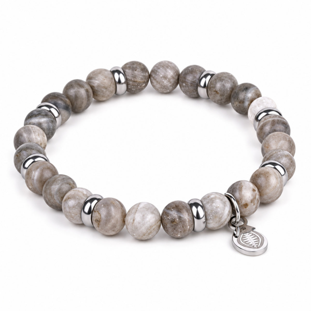 Rio Jasper Grey Brown Bead Bracelet, Large in Stainless Steel