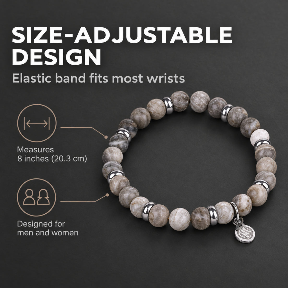 Rio Jasper Grey Brown Bead Bracelet, Large in Stainless Steel, view 2
