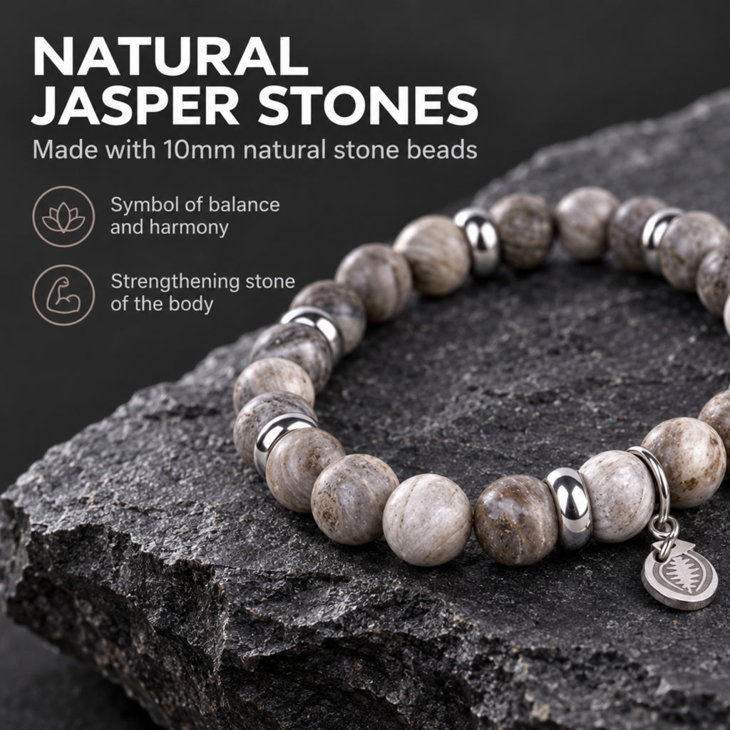 Rio Jasper Grey Brown Bead Bracelet, Large in Stainless Steel, view 3