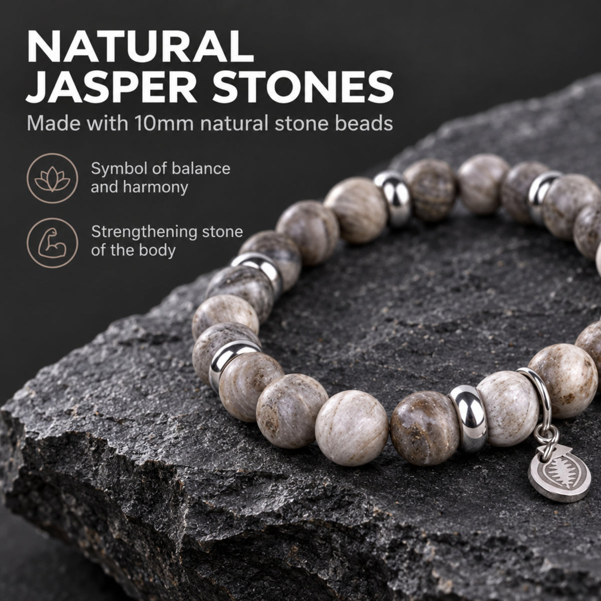 Rio Jasper Grey Brown Bead Bracelet, Large in Stainless Steel, view 3