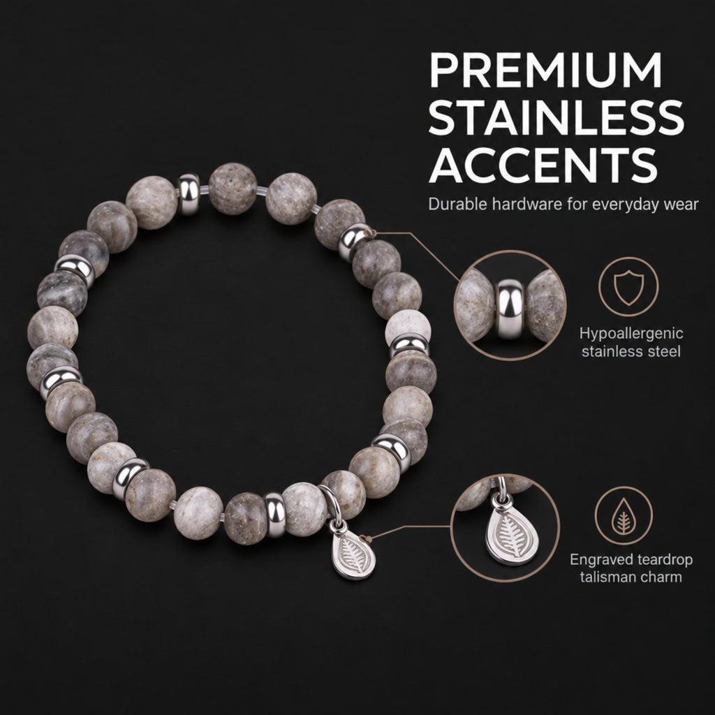 Rio Jasper Grey Brown Bead Bracelet, Large in Stainless Steel, view 5