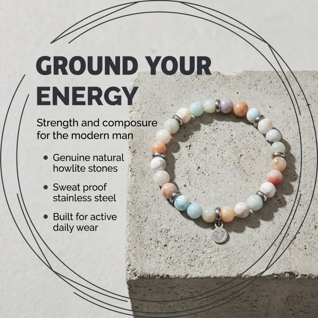 Men's Rio Amazonite Pastel Bead Bracelet, Large in Stainless Steel, view 7
