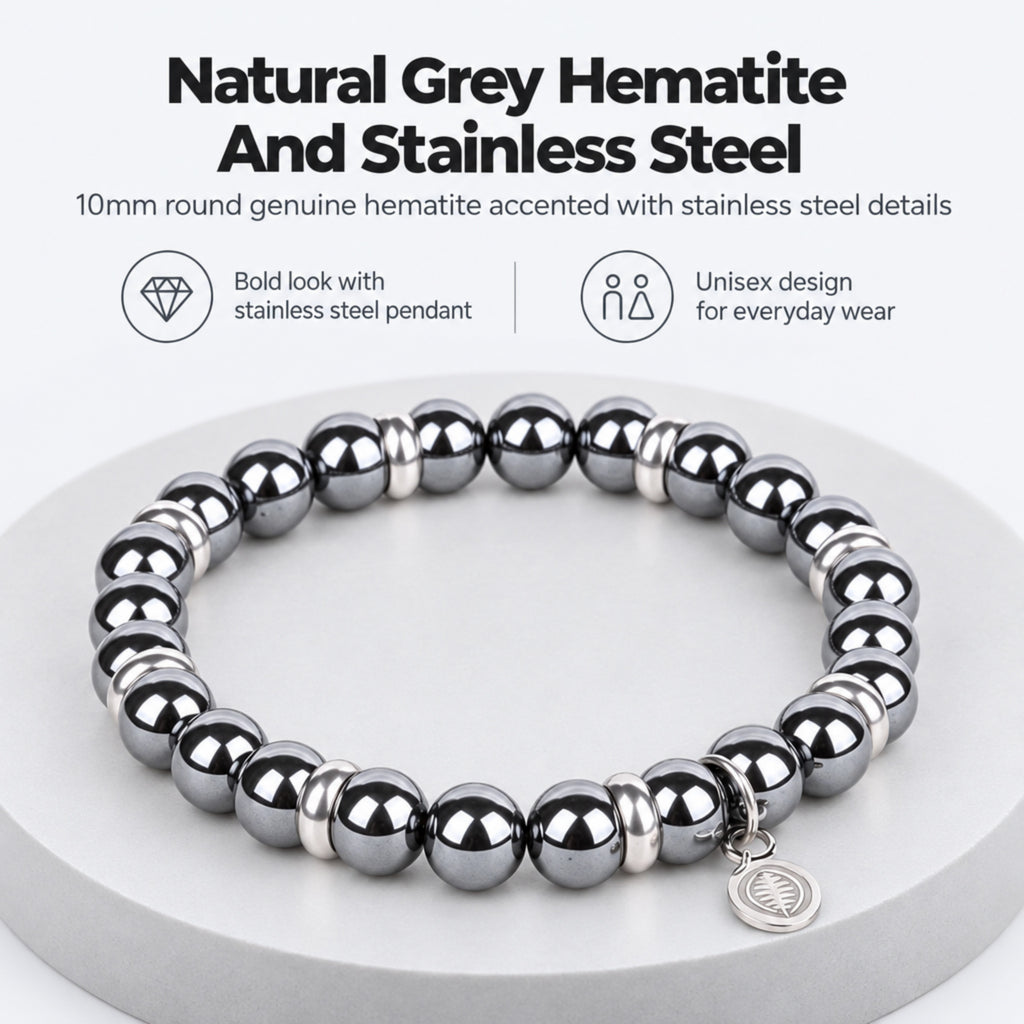 Rio Grey Hematite Bead Bracelet, Large in Stainless Steel, view 2