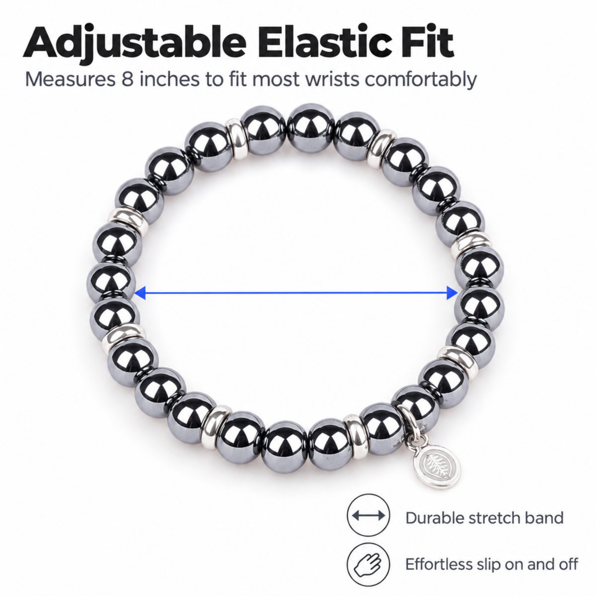 Rio Grey Hematite Bead Bracelet, Large in Stainless Steel, view 3
