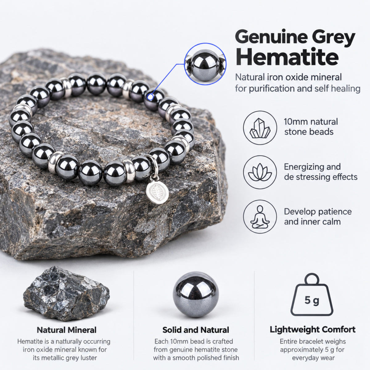 Rio Grey Hematite Bead Bracelet, Large in Stainless Steel, view 5