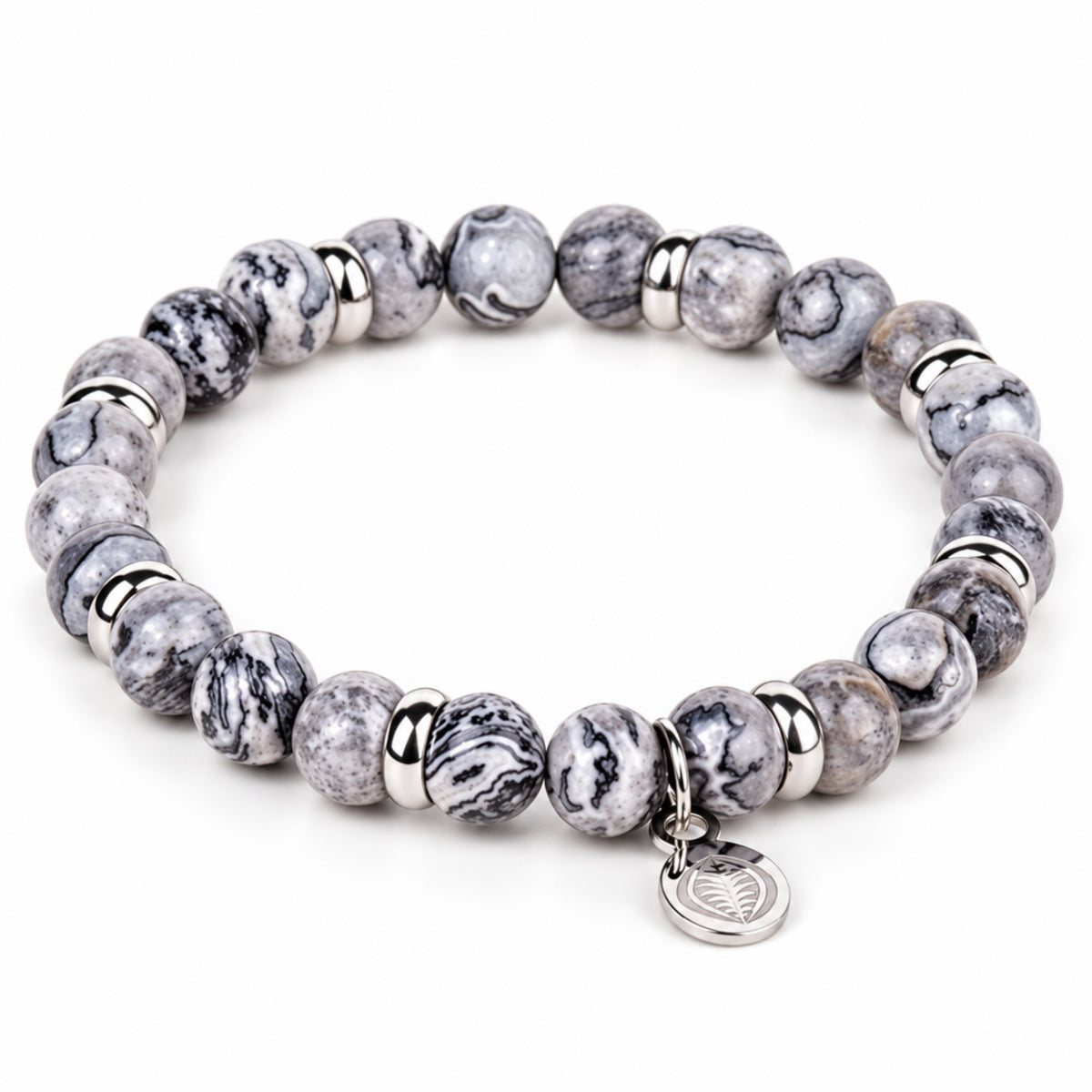 Men's Rio Jasper Light Grey Bead Bracelet, Large in Stainless Steel