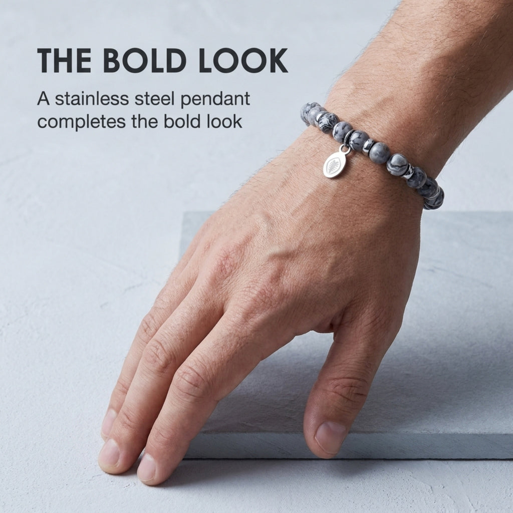 Men's Rio Jasper Light Grey Bead Bracelet, Large in Stainless Steel, view 2