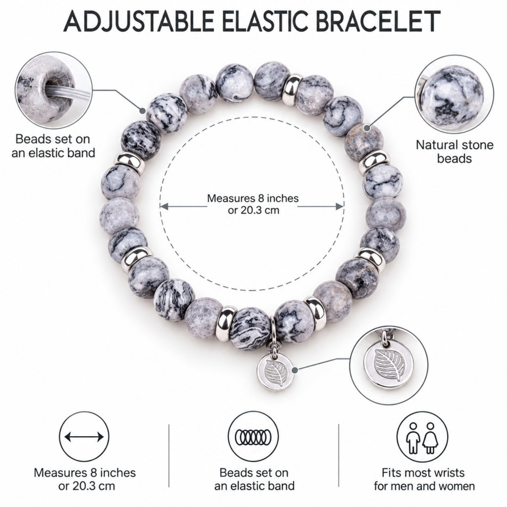 Men's Rio Jasper Light Grey Bead Bracelet, Large in Stainless Steel, view 3