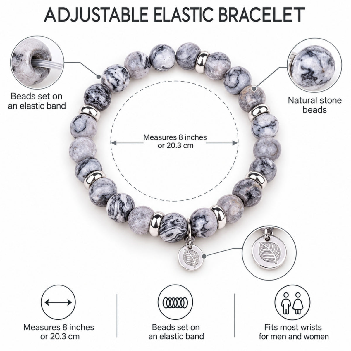 Men's Rio Jasper Light Grey Bead Bracelet, Large in Stainless Steel, view 3