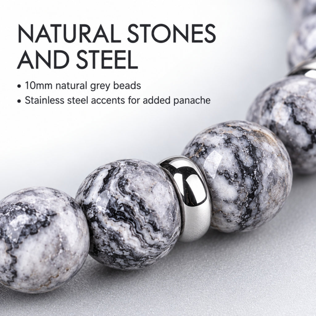 Men's Rio Jasper Light Grey Bead Bracelet, Large in Stainless Steel, view 4